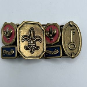 Vintage Bracelet Gold Tone Fleur De Lis Bee Key "Born to Rule" Stretch Pink Blue